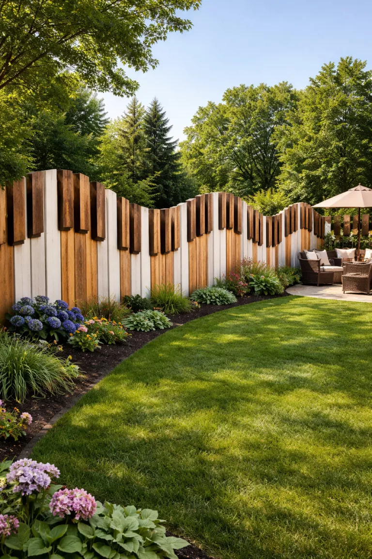 A realistic photo of a traditional American home's backyard featuring a wooden fence with boards of varying heights that mimic the look of piano keys, creating a wavy and artistic top edge.
