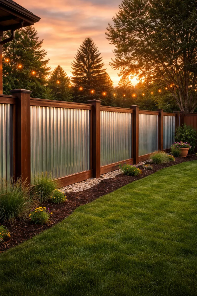 A realistic photo of a traditional American home's backyard displaying a unique fence made of silver corrugated metal panels framed by thick dark wood posts, reflecting the soft glow of a sunset.