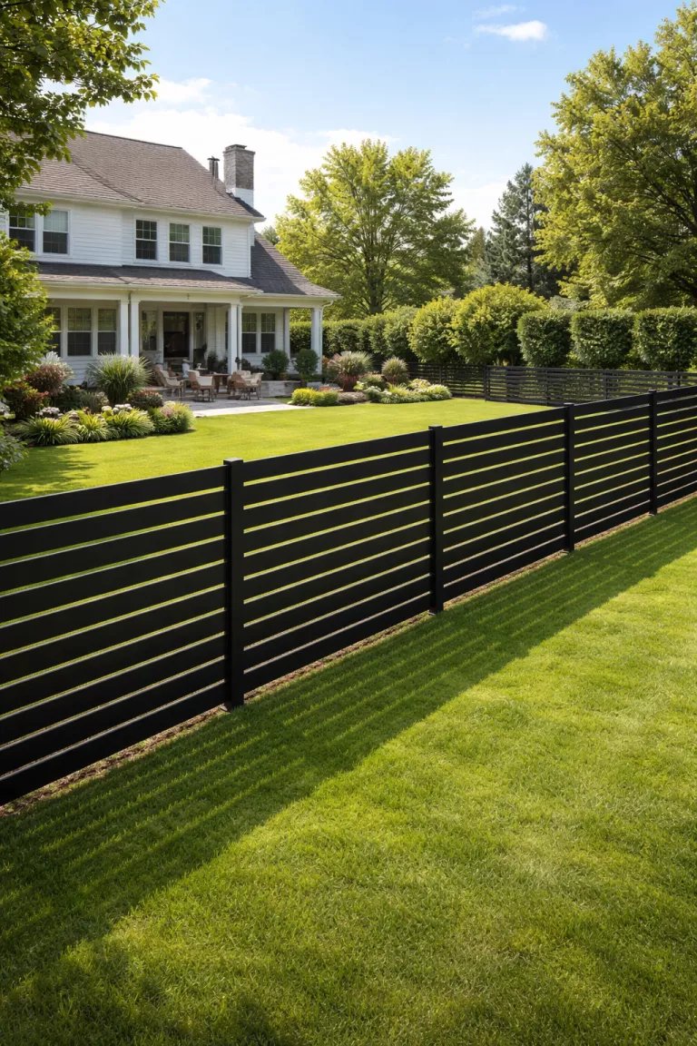 A realistic photo of a traditional American home's backyard with a minimalist black aluminum slat fence, featuring thin horizontal bars that offer a sleek and clean appearance against a manicured lawn.