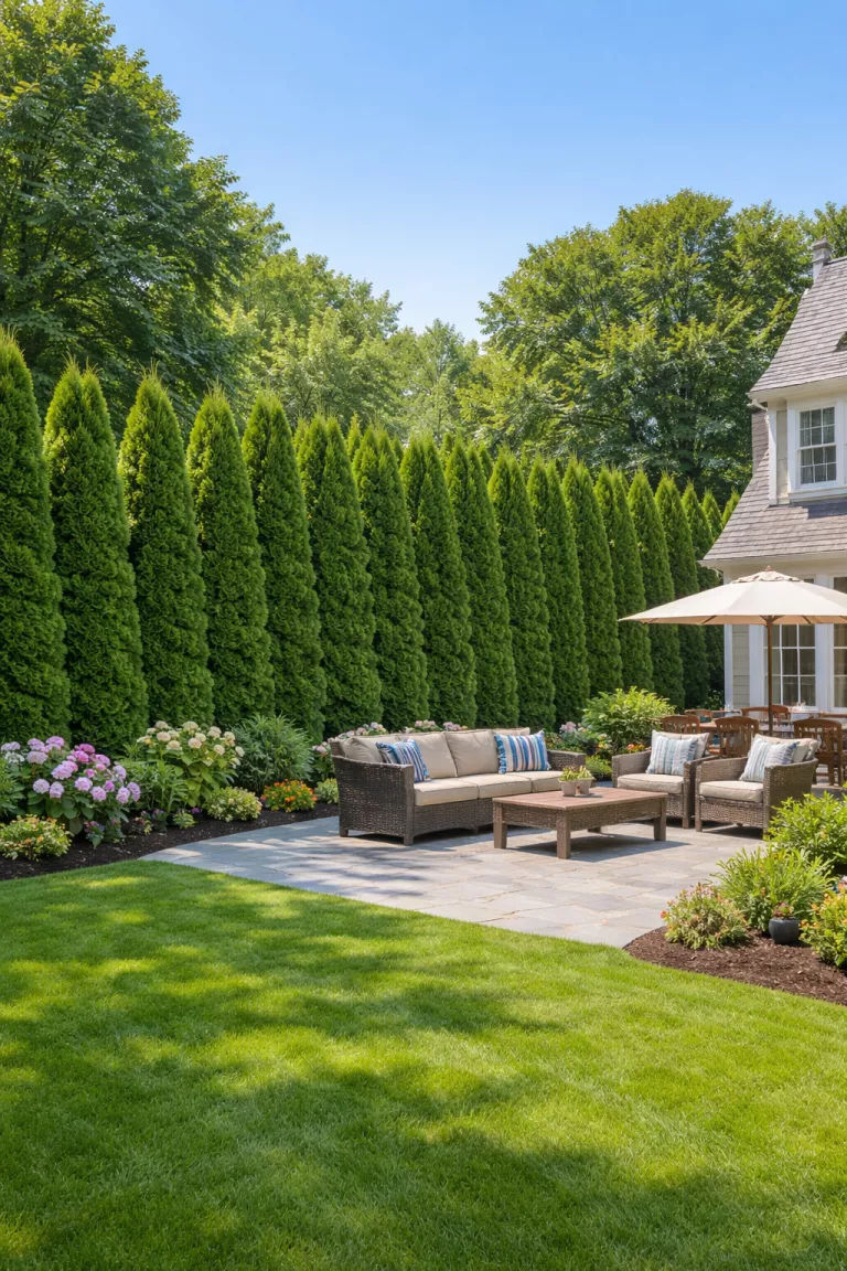 A realistic photo of a traditional American home's backyard featuring a thick wall of tall emerald arborvitae trees planted closely together to create a dense and soft green privacy barrier.
