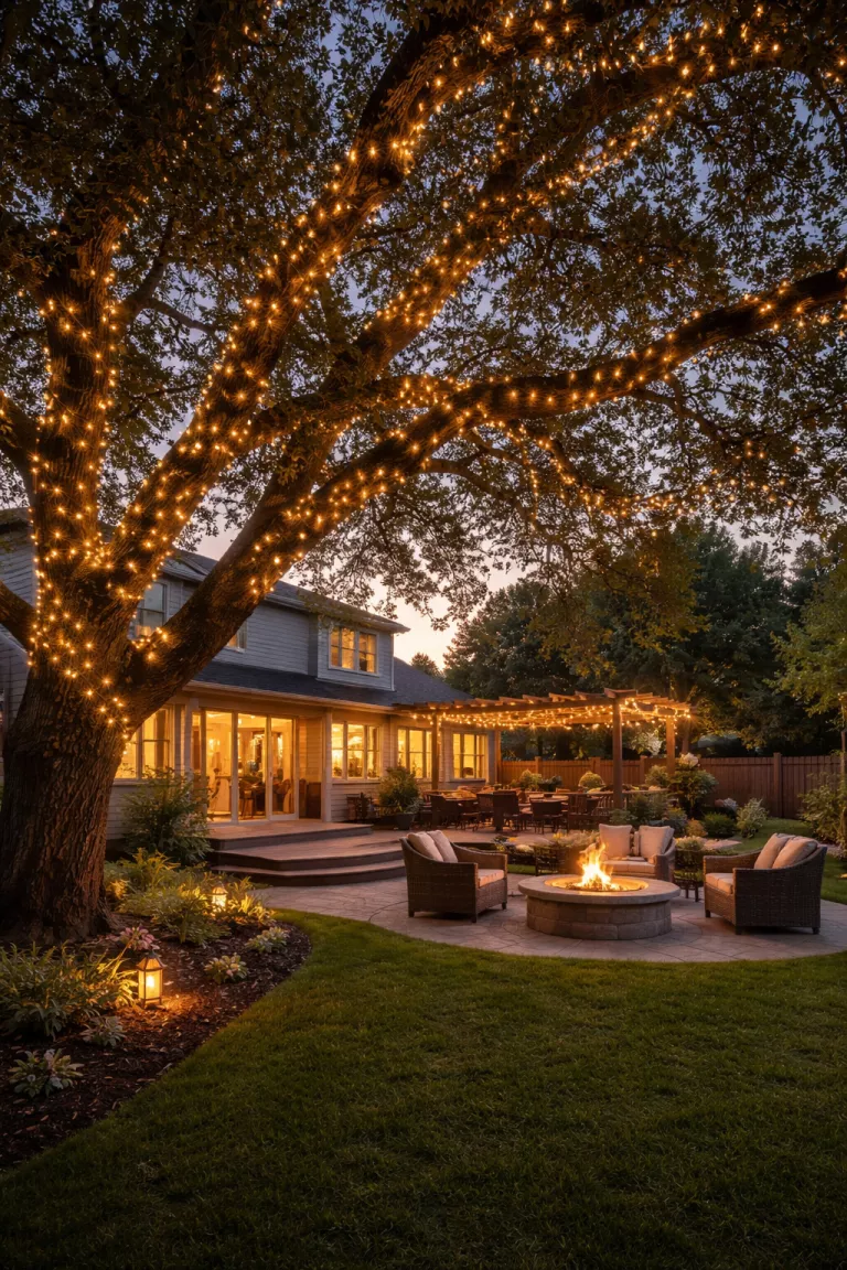 A realistic photo of a typical American home's backyard with warm white solar fairy lights wrapped around the dark branches of a spreading oak tree at dusk.