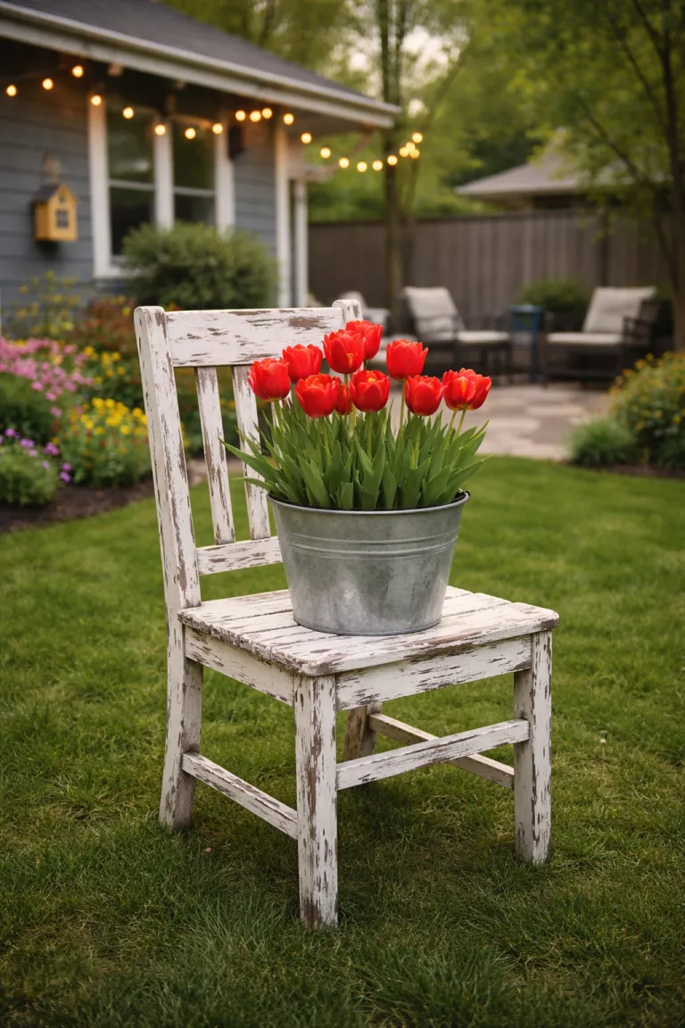 A realistic photo of a typical American home's backyard featuring an old distressed white wooden chair used as a stand for a pot of bright red tulips.