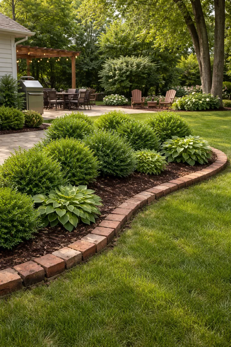 A realistic photo of a typical American home's backyard with a low border of red salvaged bricks laid in a curve around a bed of green shrubs.