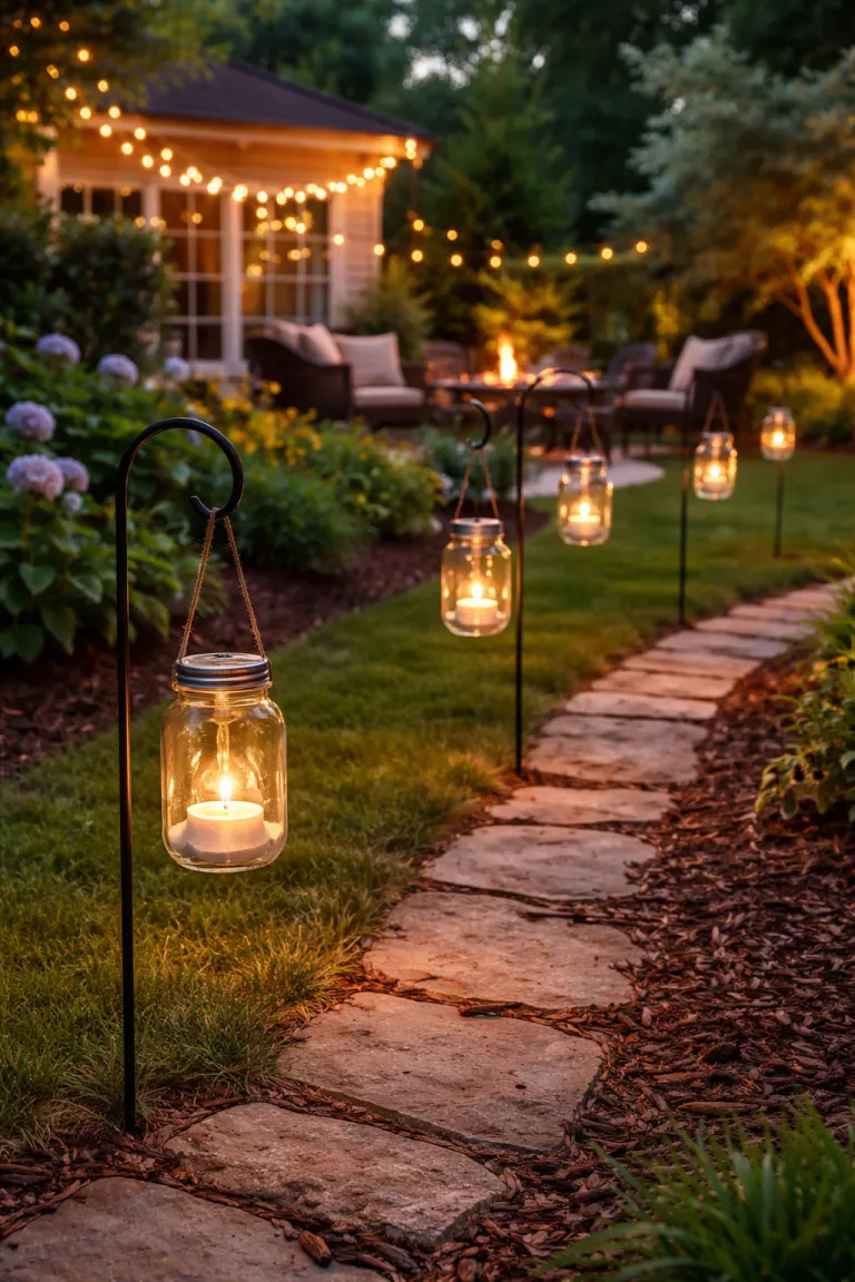 A realistic photo of a typical American home's backyard with clear glass mason jar lanterns containing white tea lights hanging from black metal shepherd hooks along a path.