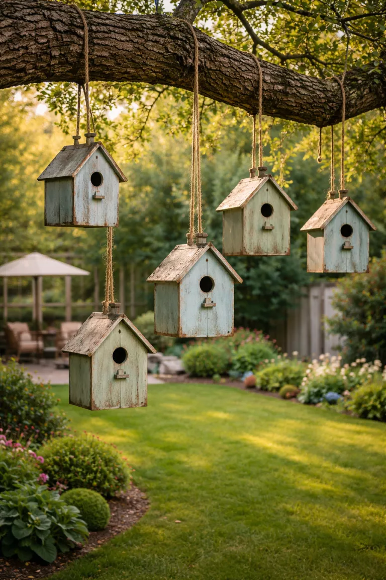 A realistic photo of a typical American home's backyard featuring several distressed light blue and sage green wooden birdhouses hanging from a large oak tree branch.