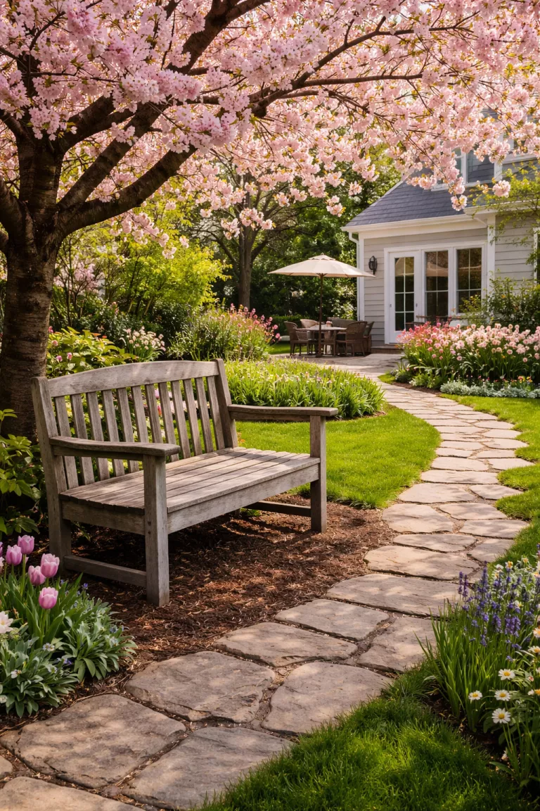 A realistic photo of a typical American home's backyard showing a rustic grey weathered wood bench situated under a flowering cherry tree next to a stone path.