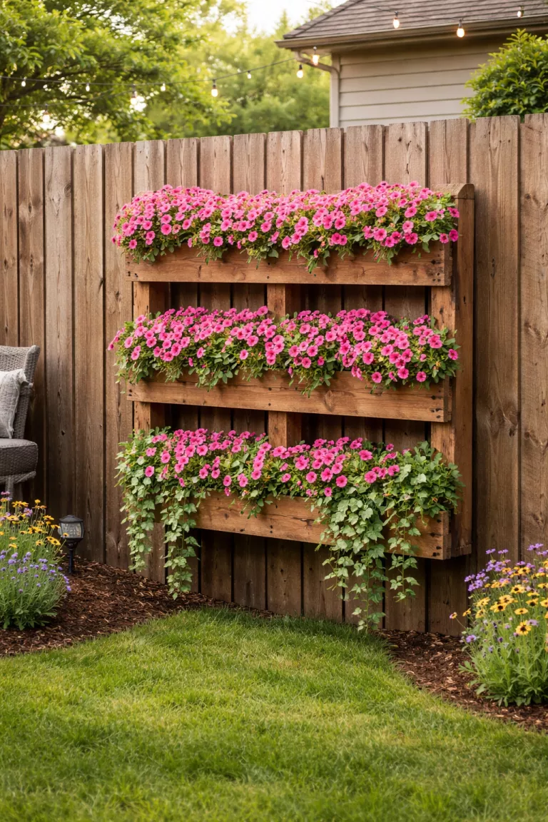 A realistic photo of a typical American home's backyard with a vertical wooden pallet planter mounted on a cedar fence filled with cascading pink petunias and green ivy.