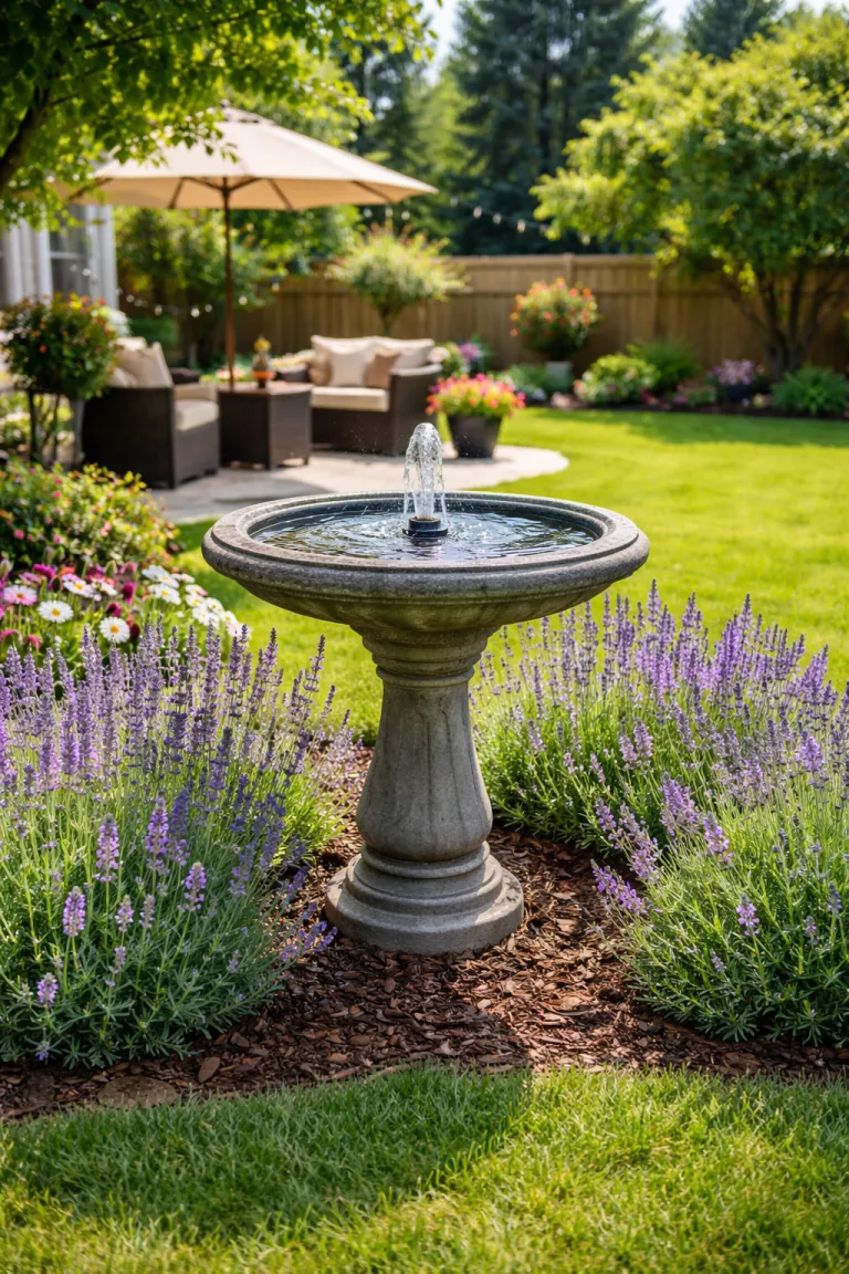 A realistic photo of a typical American home's backyard showing a grey stone bird bath on a pedestal surrounded by lavender and a small solar fountain.