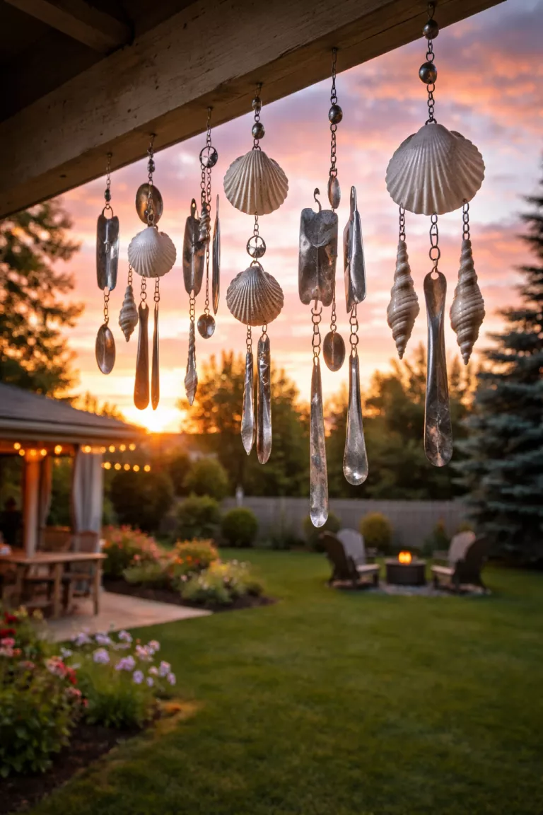 A realistic photo of a typical American home's backyard with handmade silver metal scrap and sea shell wind chimes hanging from a porch beam against a sunset sky.