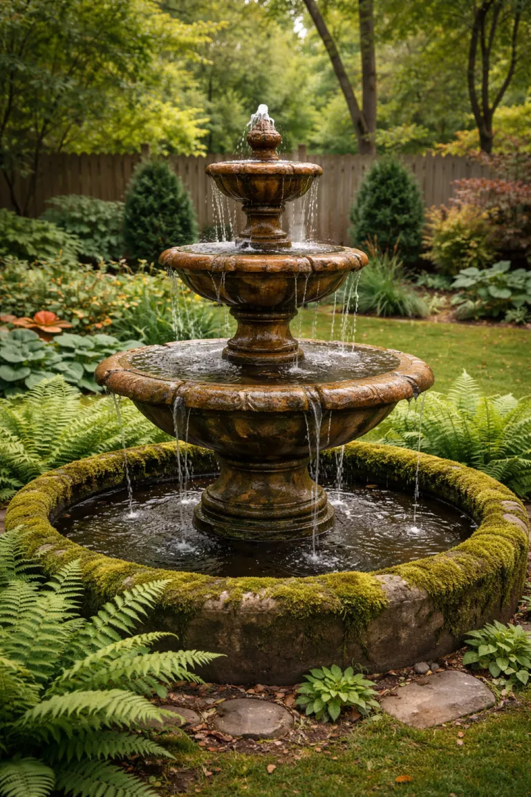 A realistic photo of a typical American home's backyard displaying a weathered stone tiered fountain with aging copper accents flowing into a mossy basin surrounded by ferns.