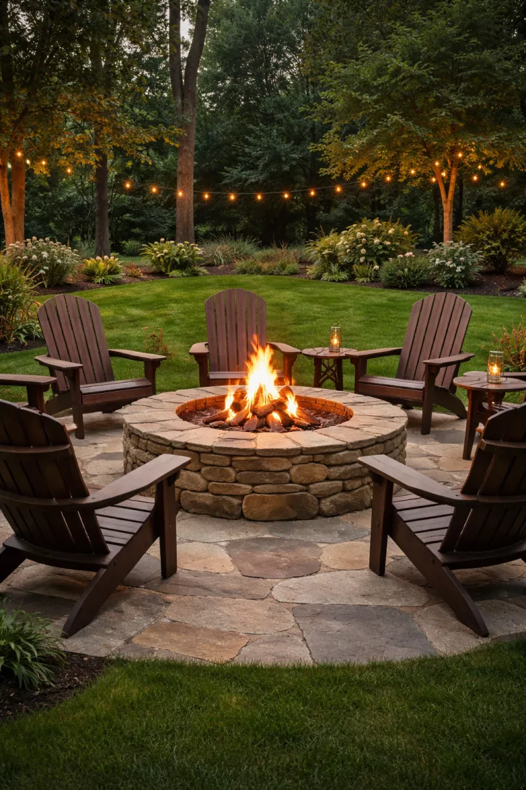 A realistic photo of a typical American home's backyard featuring a large round fire pit made of natural tan fieldstones surrounded by brown wooden Adirondack chairs.