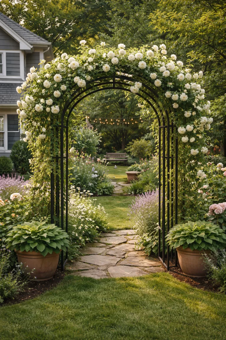 A realistic photo of a typical American home's backyard featuring a black wrought iron arbor covered in blooming white climbing roses leading into a secret garden area.
