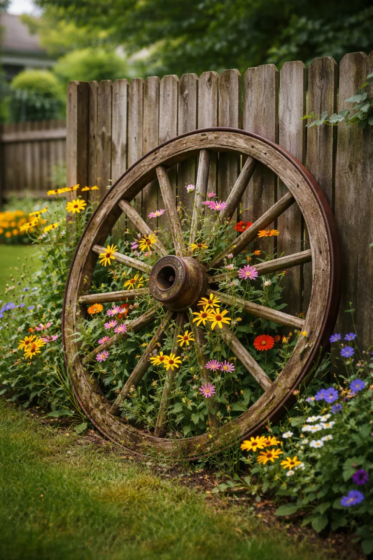 A realistic photo of a typical American home's backyard featuring an old brown wooden wagon wheel leaning against a fence with colorful wildflowers growing between the spokes.