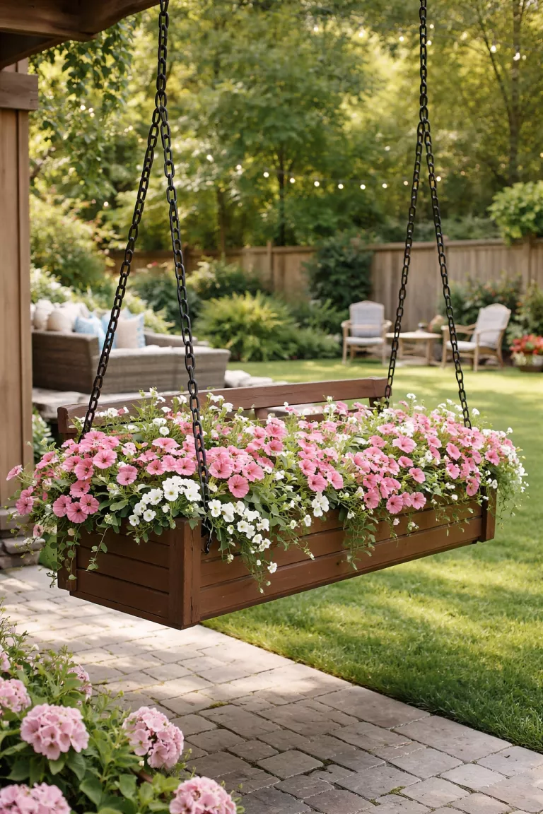 A realistic photo of a typical American home's backyard featuring a brown wooden porch swing converted into a large planter filled with pink and white flowers hanging from black chains.