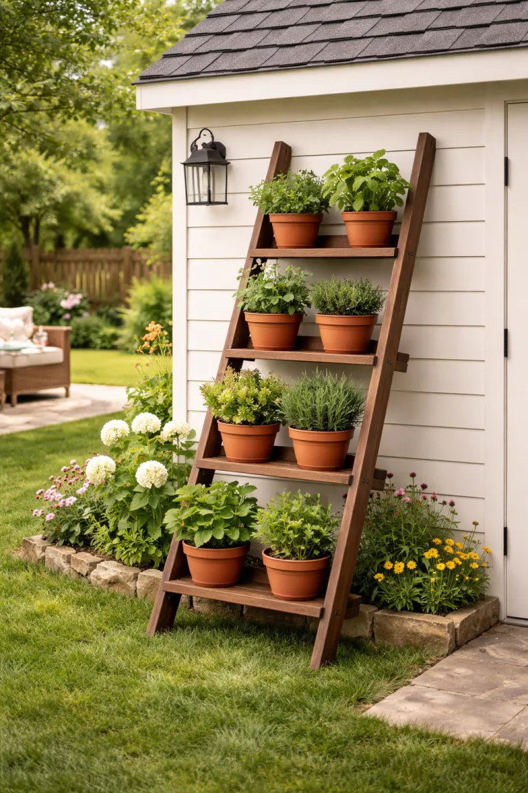 A realistic photo of a typical American home's backyard with a brown wooden ladder planter leaning against a white shed filled with terracotta pots of green herbs.