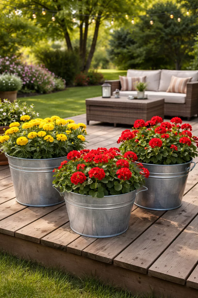 A realistic photo of a typical American home's backyard showing silver galvanized metal buckets used as planters filled with yellow marigolds and red geraniums on a wooden deck.