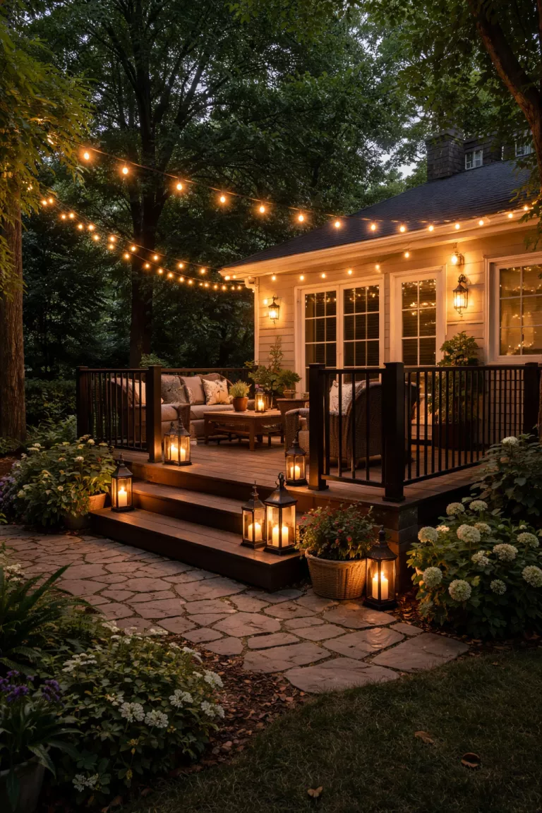 A realistic photo of a typical American home's backyard illustrating warm yellow string lights draped across a small deck with black metal lanterns.