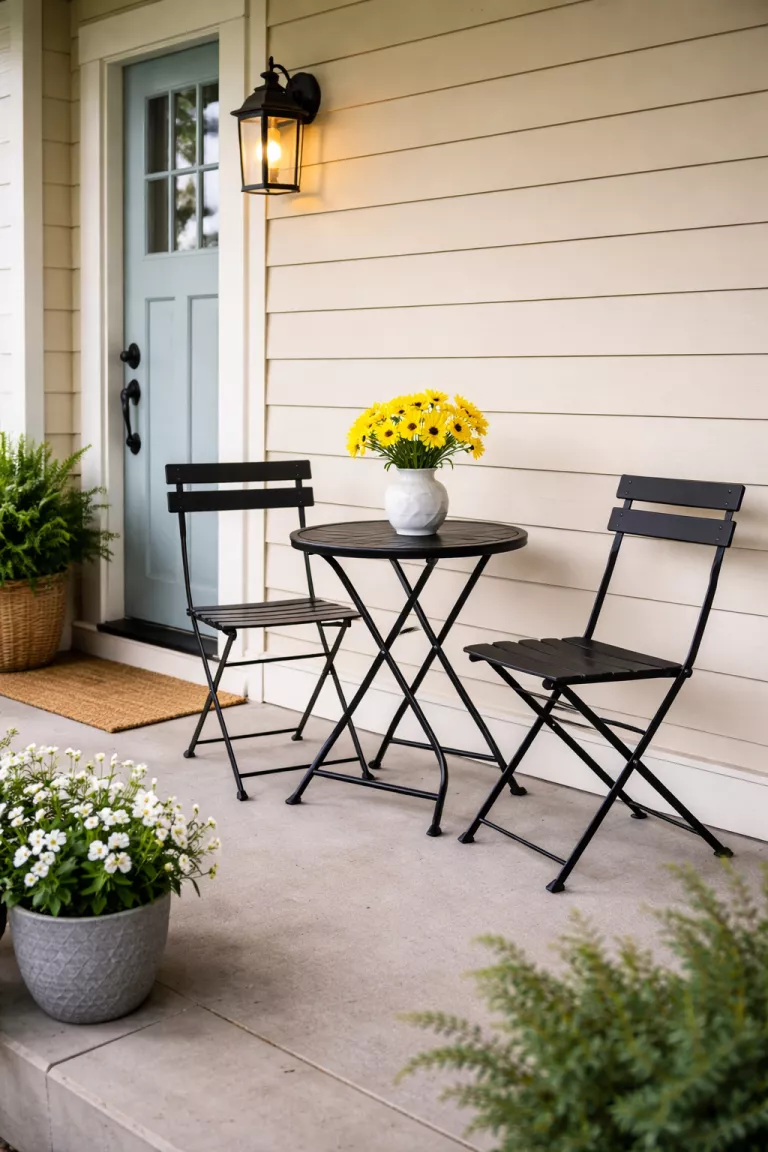 A realistic photo of a small front porch featuring a foldable black metal bistro set with two chairs and a tiny round table decorated with a ceramic vase of yellow daisies.