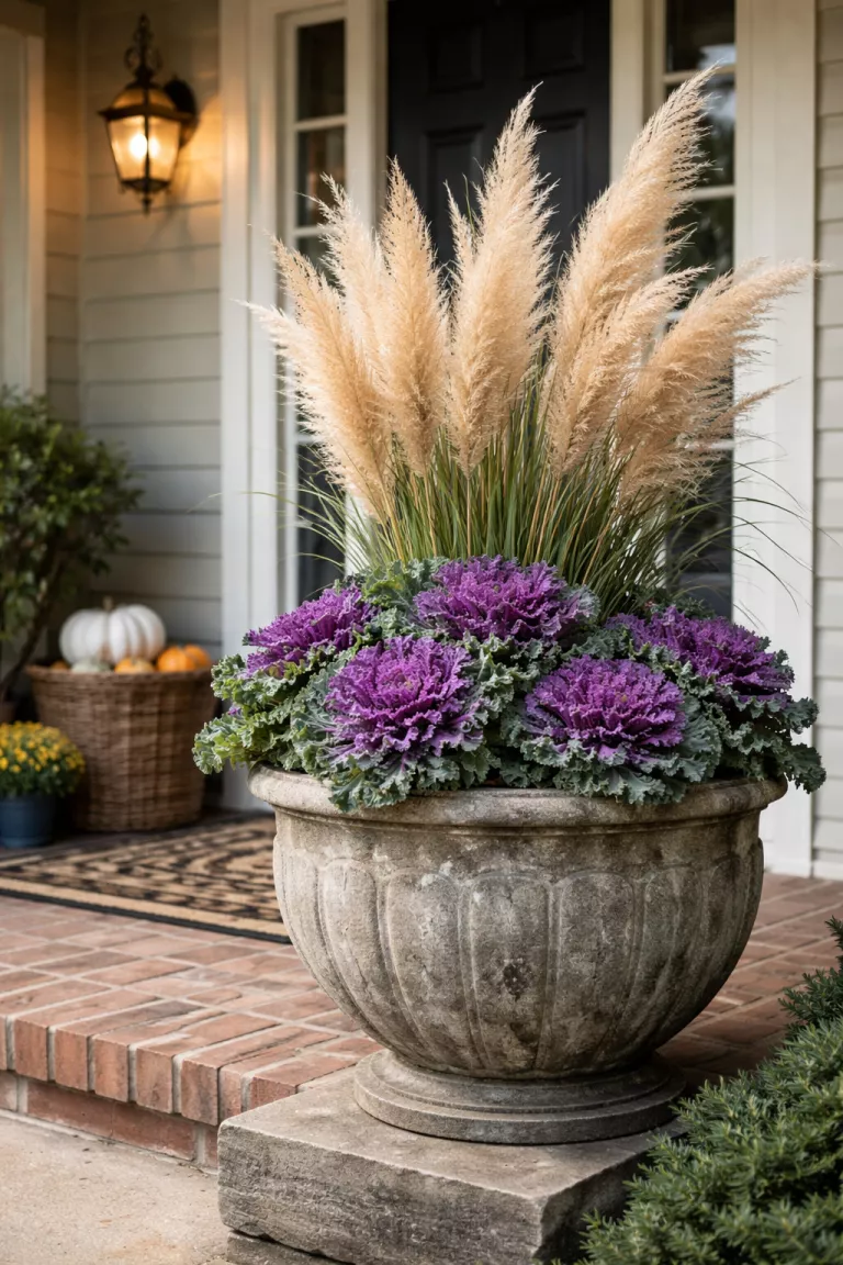 A realistic photo of a small front porch with a large weathered stone planter filled with purple ornamental kale and tall feathery beige pampas grass.