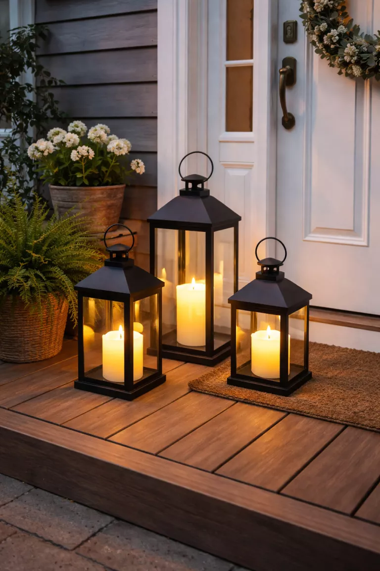 A realistic photo of a small front porch with a trio of black metal lanterns in varying sizes containing warm white LED candles placed on the wooden floorboards near the door.