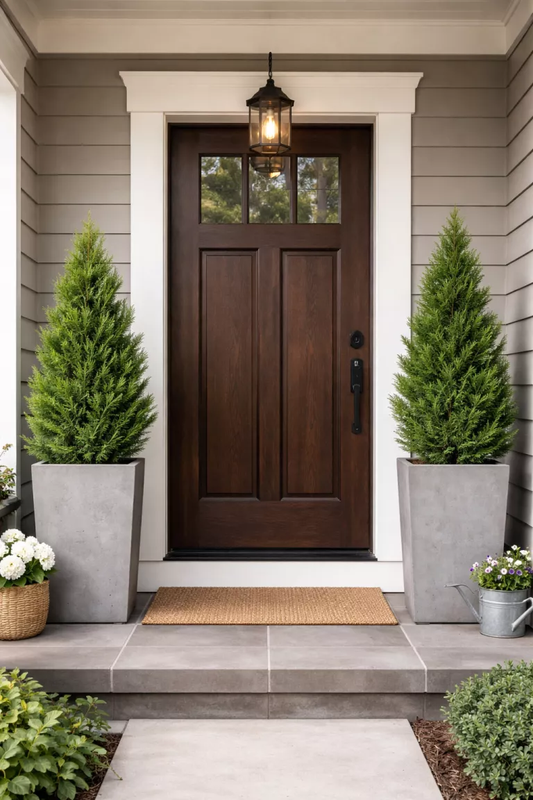 A realistic photo of a small front porch with two tall gray concrete square planters containing green cedar shrubs on each side of a dark wood front door.
