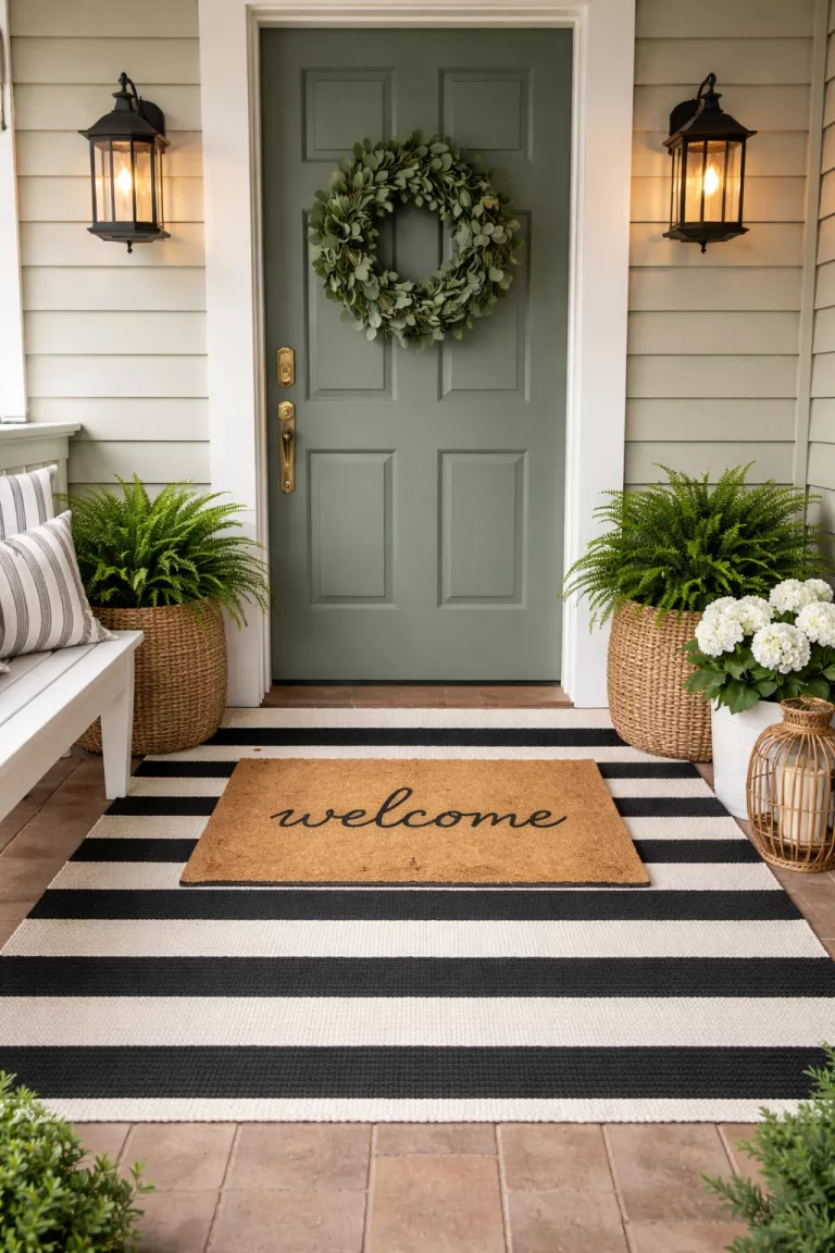 A realistic photo of a small front porch featuring a large black and white striped outdoor rug layered underneath a smaller natural coir welcome mat with a simple black greeting.