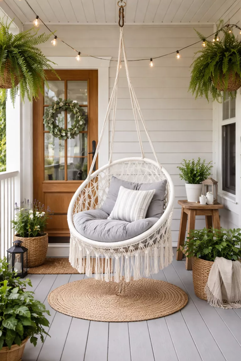 A realistic photo of a small front porch with a white macrame hanging egg chair suspended from the ceiling featuring a soft gray plush cushion.