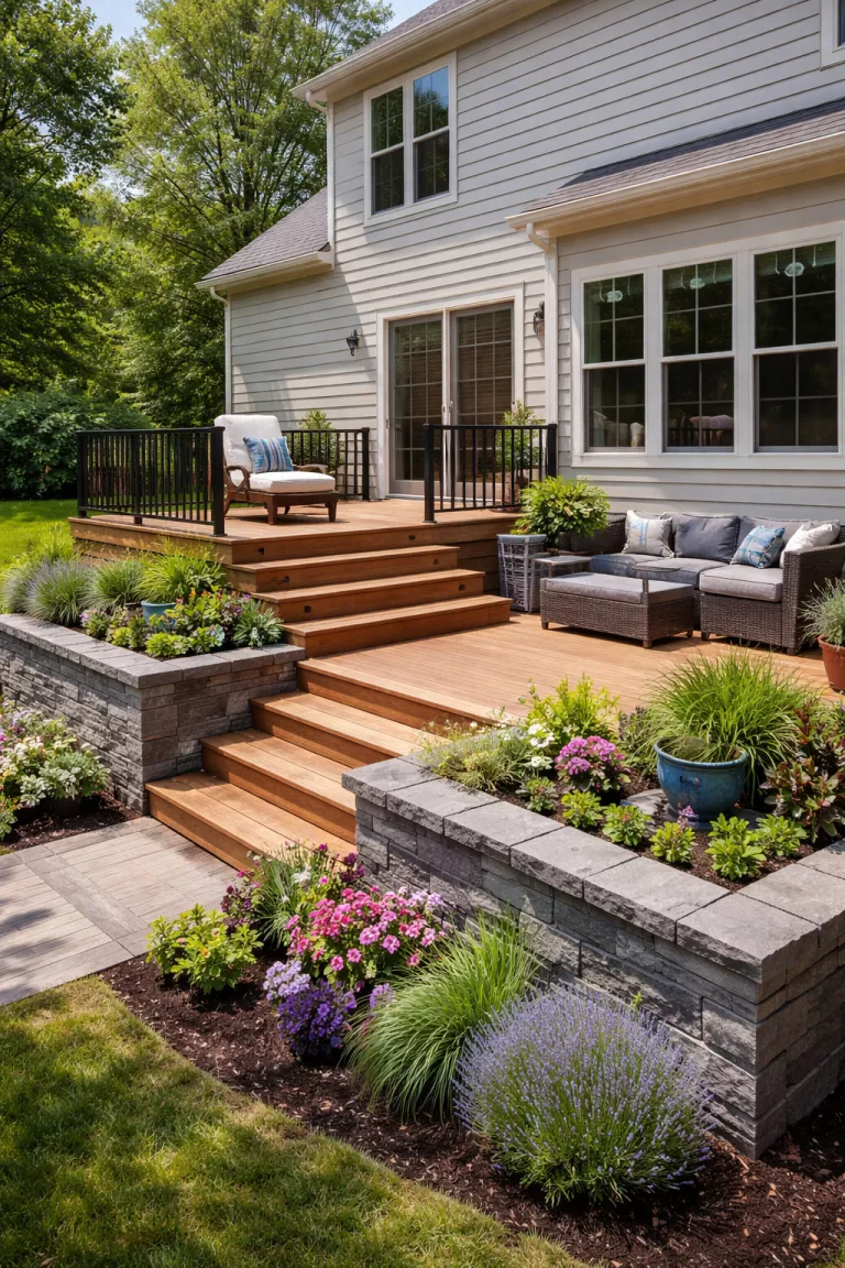 A realistic photo of a typical American home's backyard showcasing a two tiered wooden deck with a small lounging chair on the top level and several gray stone raised planters on the lower level.