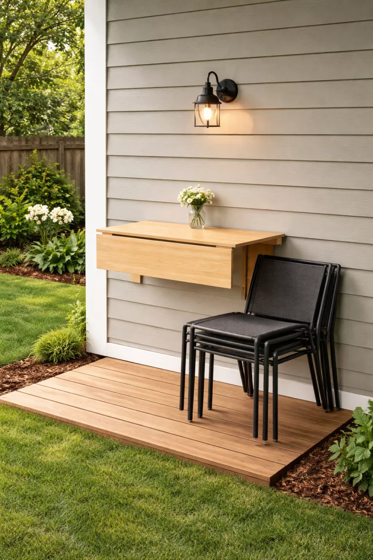 A realistic photo of a typical American home's backyard with a wall mounted light wood drop leaf table and four stackable black mesh chairs tidy on a small wooden deck.