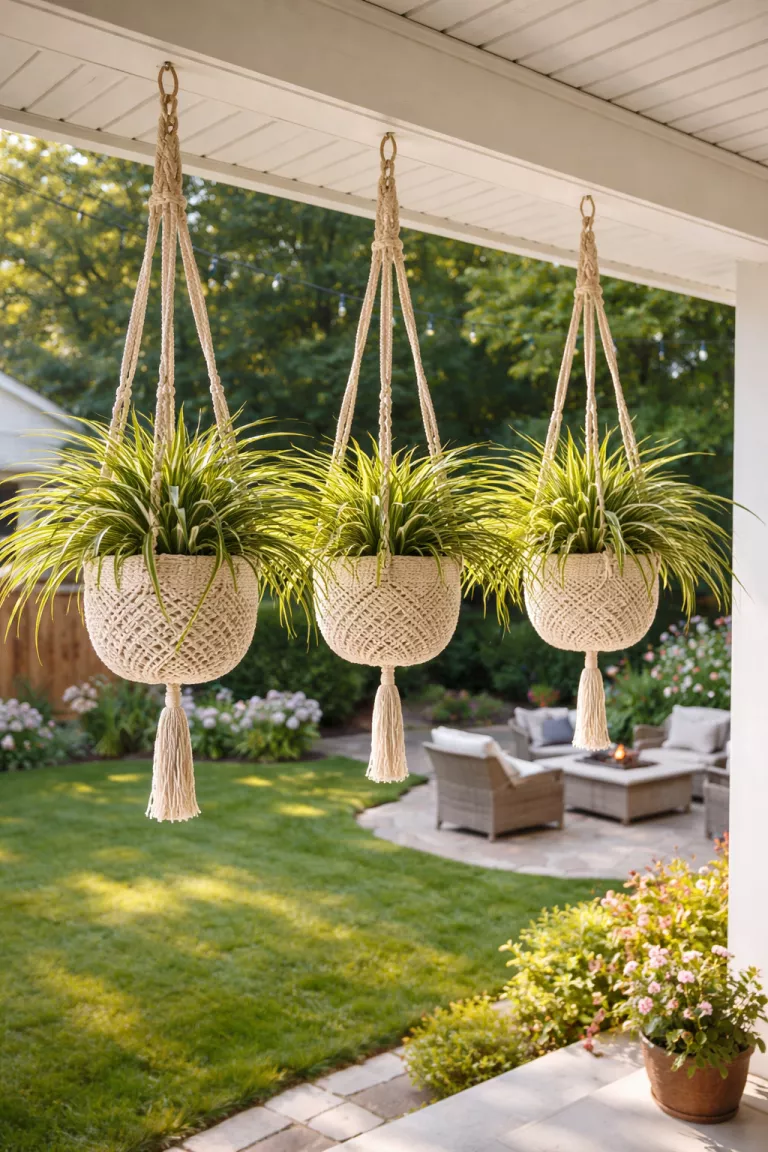 A realistic photo of a typical American home's backyard with three beige macrame hanging planters holding overflowing green spider plants suspended from the white eaves of a porch.