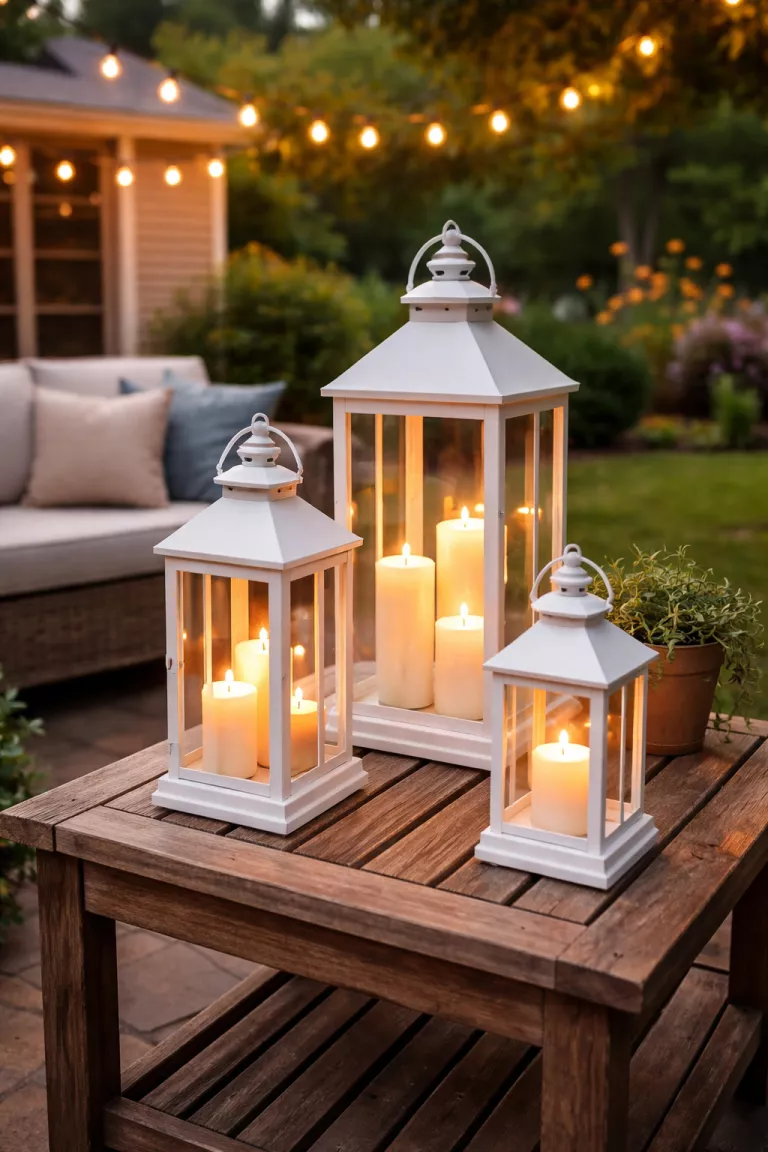 A realistic photo of a typical American home's backyard featuring a group of three white metal lanterns of varying sizes with glowing flameless candles on a wooden outdoor side table.