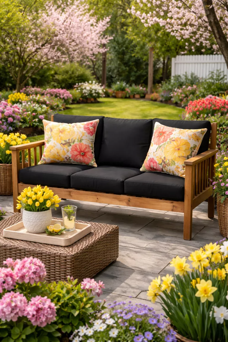 A realistic photo of a typical American home's backyard wooden bench accented with bold black weatherproof cushions and thick floral pattern throw pillows in shades of yellow and coral, resting on a gray stone patio surrounded by blooming spring flowers.