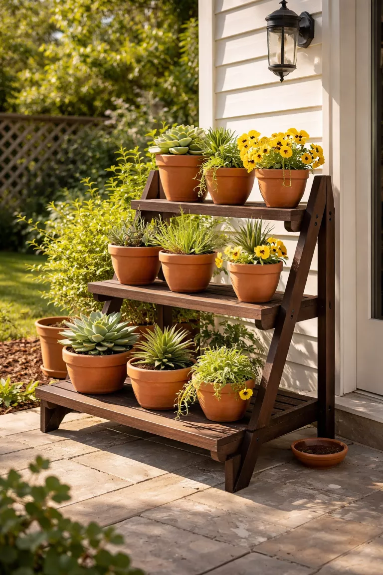 A realistic photo of a typical American home's backyard patio corner featuring a dark brown three tier wooden plant stand holding several terra cotta pots of green succulents and yellow pansies in the bright afternoon sun.