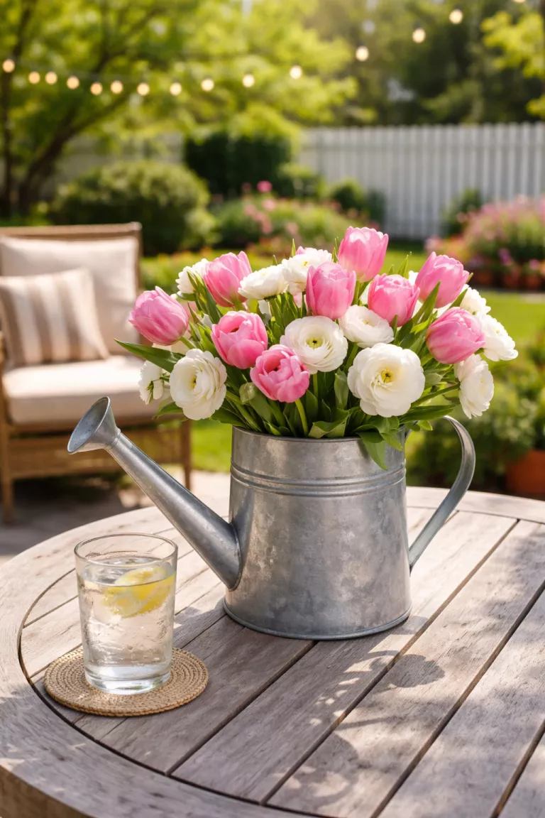 A realistic photo of a typical American home's backyard patio table holding a vintage silver galvanized watering can overflowing with bright pink tulips and white ranunculus, placed beside a glass of ice water on a sunny afternoon.