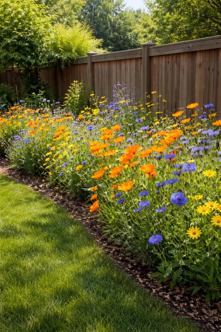 A realistic photo of a typical American home's backyard bed filled with a wild mix of orange poppies, blue cornflowers, and yellow daisies growing naturally without strict rows alongside a tidy green lawn and wooden fence.