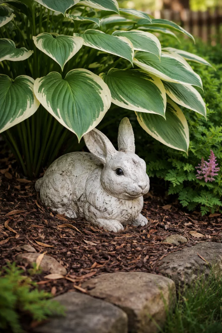 A realistic photo of a typical American home's backyard featuring a small chipped white concrete rabbit statue tucked under the large green leaves of a hosta plant in a shaded garden bed.