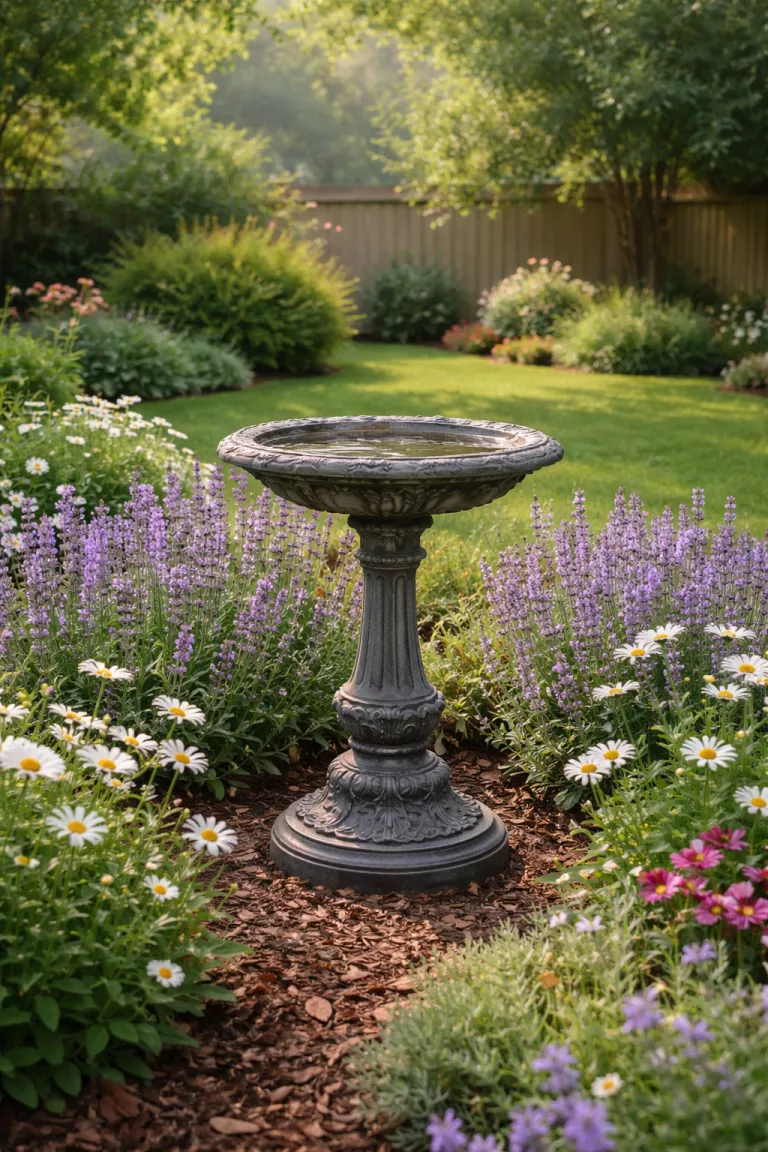 A realistic photo of a typical American home's backyard featuring an ornate grey cast iron pedestal birdbath with intricate carvings, standing in the center of a lush flower bed filled with lavender and white daisies under soft morning light.
