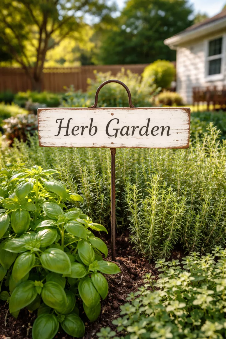 A realistic photo of a typical American home's backyard showing a hand-painted white wooden sign with black lettering that says 'Herb Garden', attached to a rusted iron stake in a bed of green herbs.