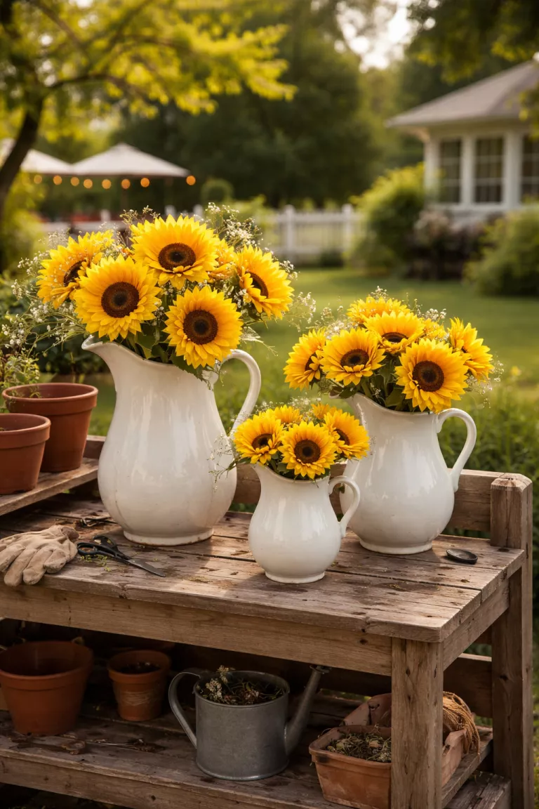 A realistic photo of a typical American home's backyard showing a group of three different sized white ceramic antique pitchers filled with freshly cut yellow sunflowers, sitting on a weathered wooden potting bench.