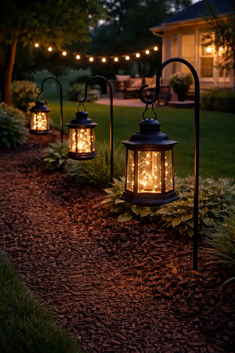 A realistic photo of a typical American home's backyard with three black metal vintage lanterns containing glowing warm white fairy lights, hanging from iron shepherd's hooks along a dark mulched garden path at twilight.