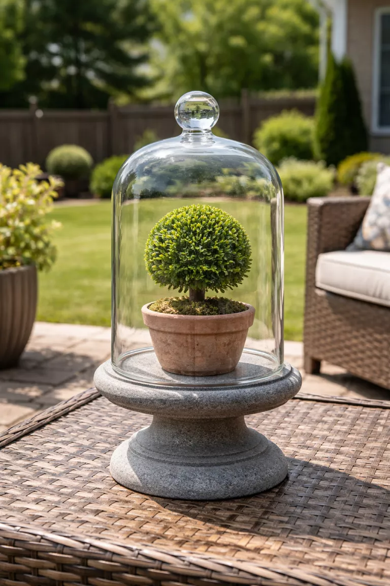 A realistic photo of a typical American home's backyard featuring a clear glass bell jar cloche sitting on a grey stone pedestal, protecting a small green topiary plant inside on an outdoor table.