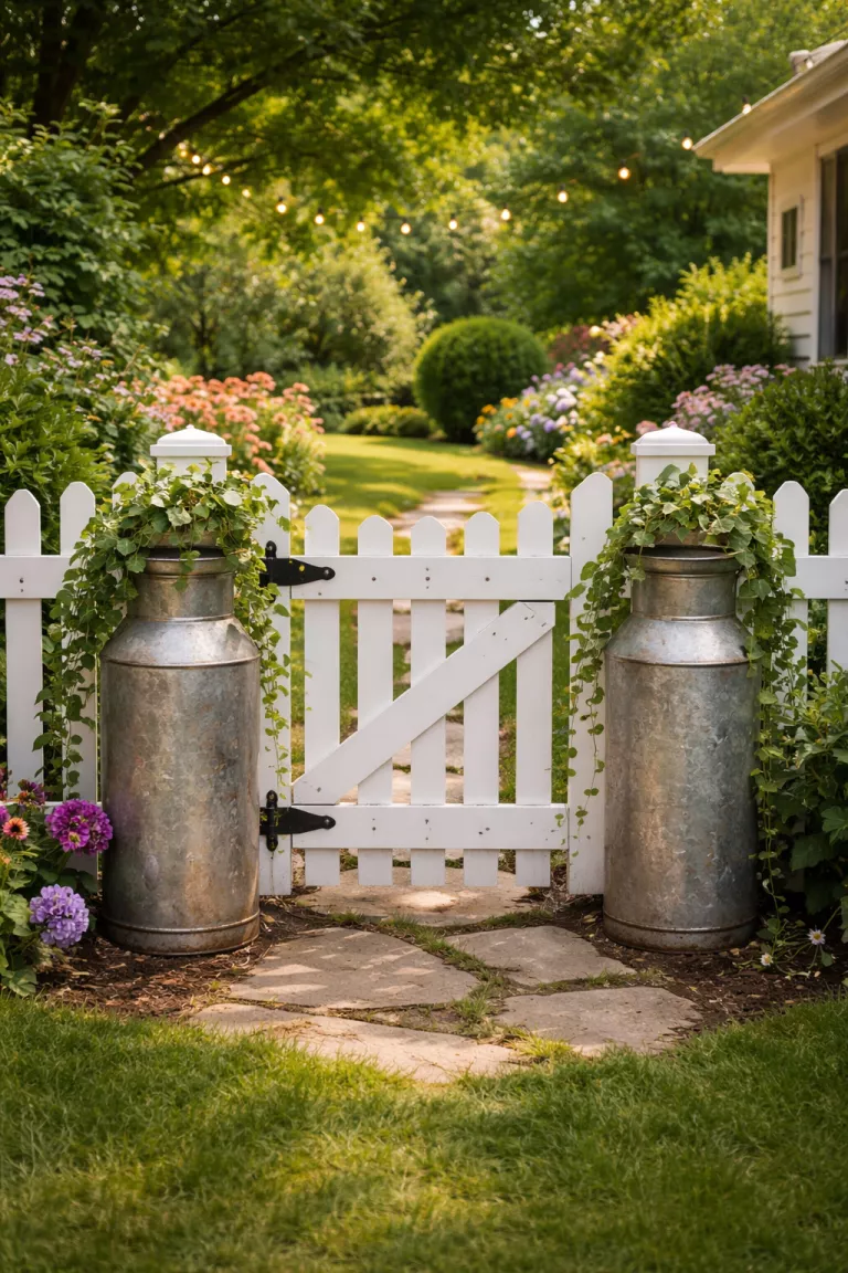 A realistic photo of a typical American home's backyard featuring two tall weathered silver metal milk cans standing on either side of a white wooden garden gate, with green ivy trailing down from the tops.