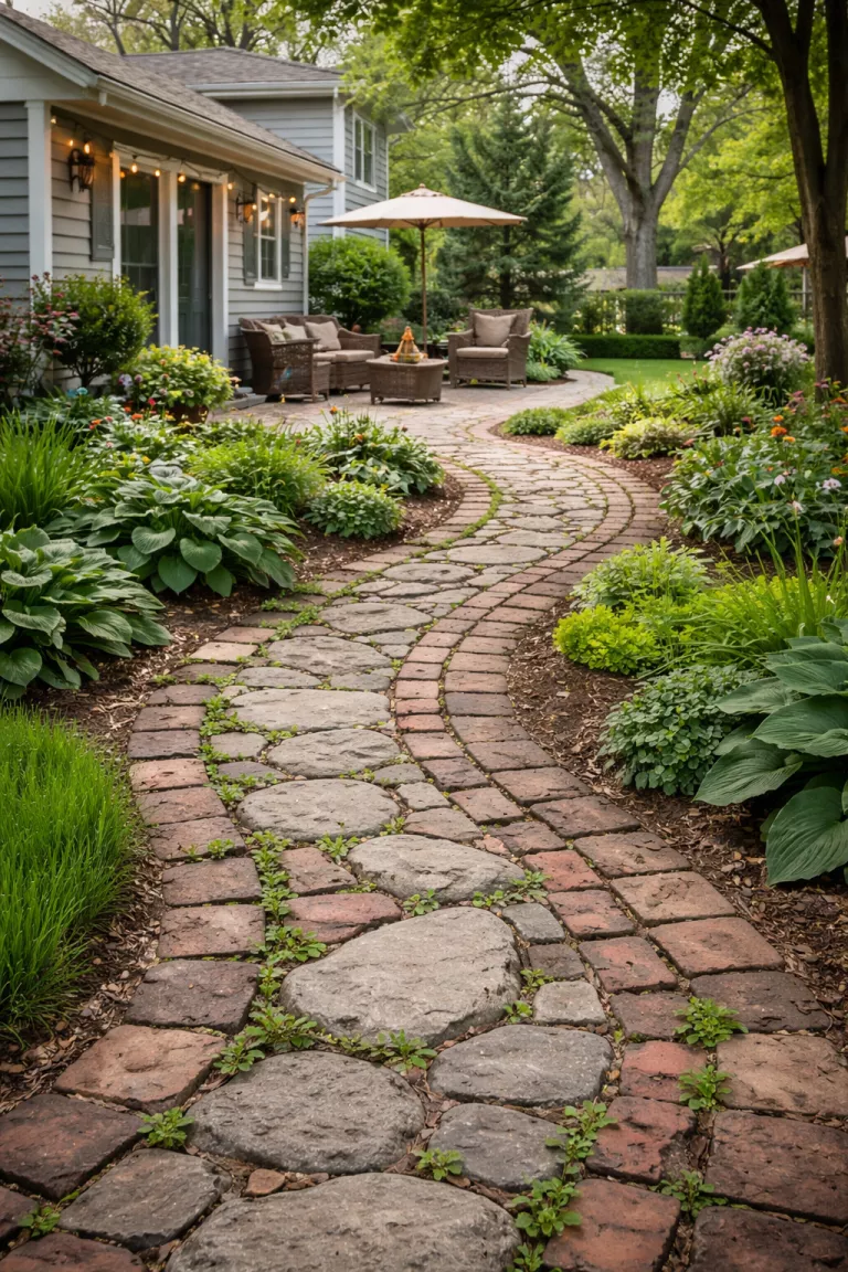 A realistic photo of a typical American home's backyard showing a meandering path made of weathered red bricks and grey stones, with small green plants growing in the crevices between them.