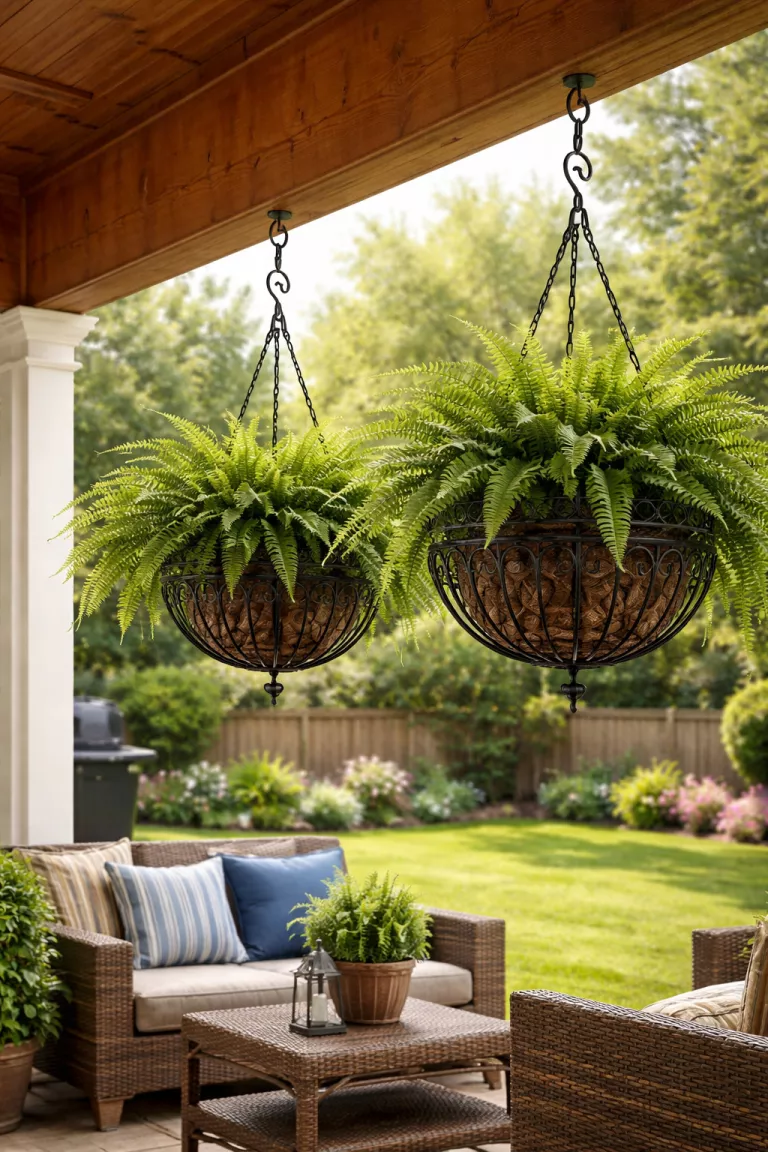 A realistic photo of a typical American home's backyard featuring two ornate black wrought iron hanging baskets filled with lush green ferns, suspended from sturdy hooks on a wooden porch beam.