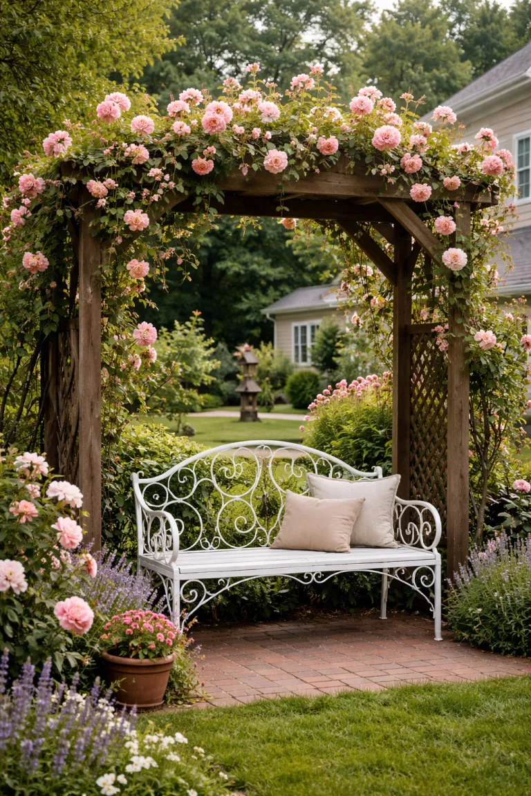 A realistic photo of a typical American home's backyard showing a classic white wrought iron garden bench with decorative swirls, positioned under a wooden arbor covered in blooming pink roses.