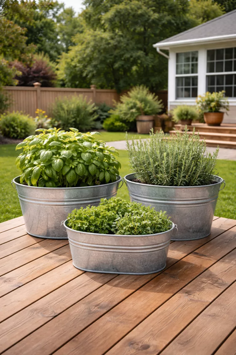 A realistic photo of a typical American home's backyard showing three different sized grey galvanized metal tubs arranged on a wooden deck, each tub filled with fresh green herbs like basil and rosemary.