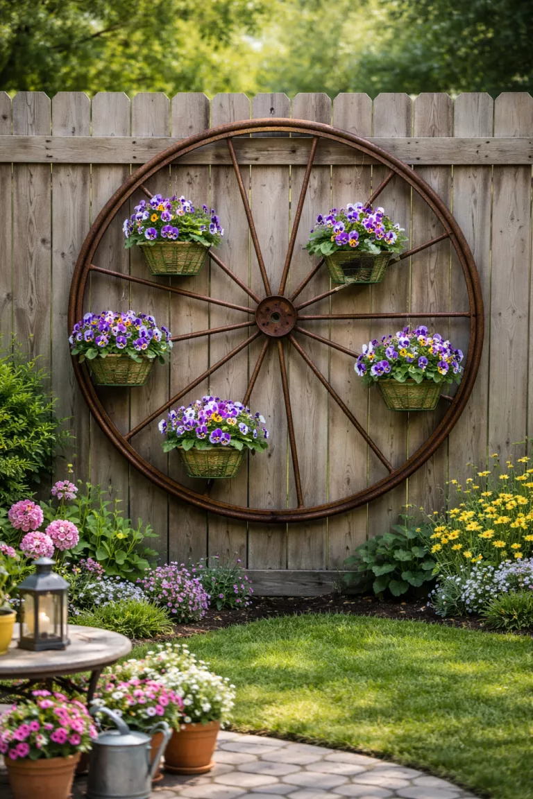 A realistic photo of a typical American home's backyard featuring a large rusty iron bicycle wheel mounted on a fence, with several small green baskets of purple pansies hanging from its spokes.