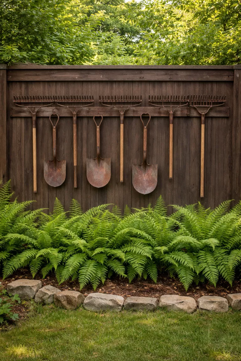 A realistic photo of a typical American home's backyard featuring a row of old rusty iron garden rakes and shovels mounted horizontally on a dark brown wooden fence, creating a decorative wall display above a bed of green ferns.