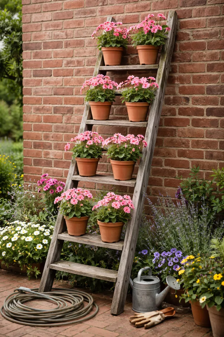 A realistic photo of a typical American home's backyard showing an old weathered grey wooden ladder leaning against a brick wall, with terracotta pots of pink flowers sitting on each rung.
