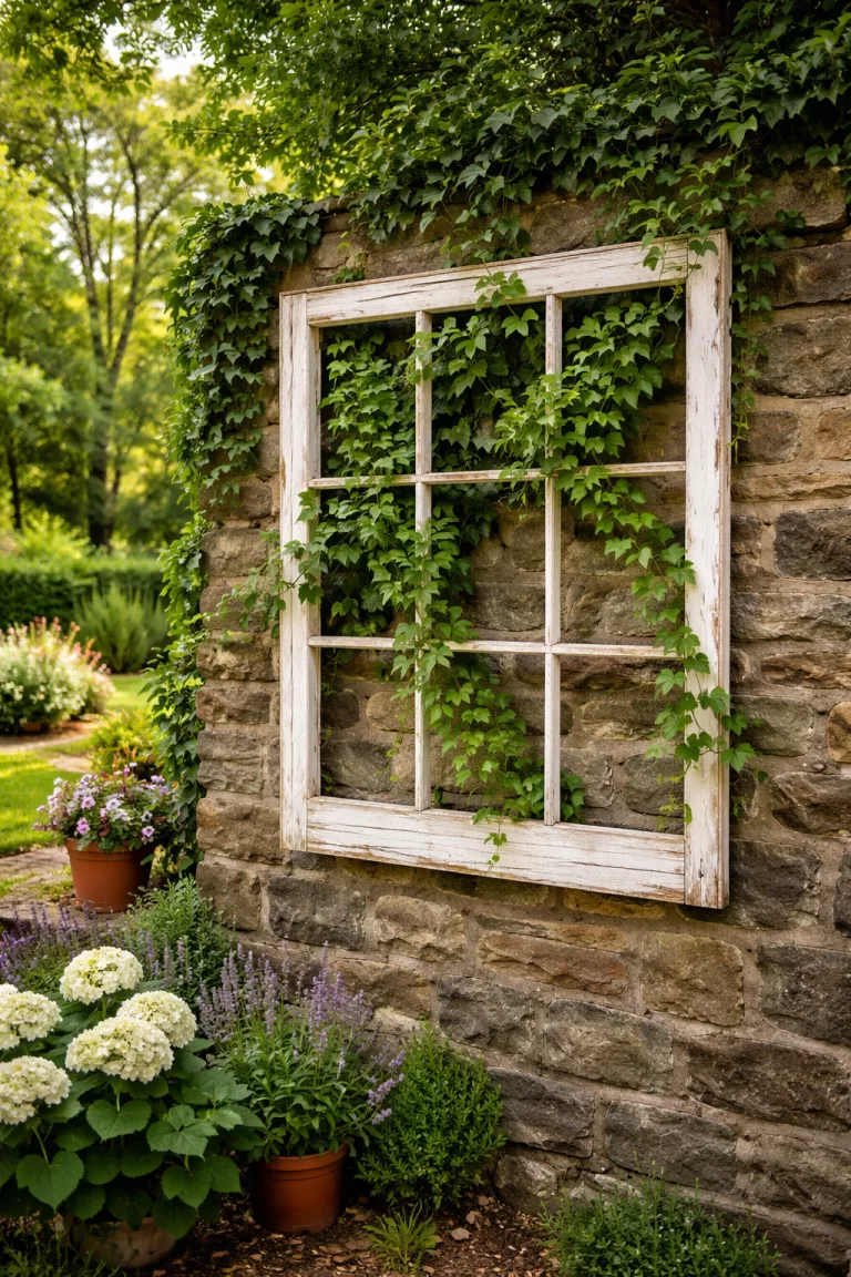 A realistic photo of a typical American home's backyard showing an old white wooden window frame with glass panes removed, hanging on a stone wall with green climbing ivy growing through the openings.